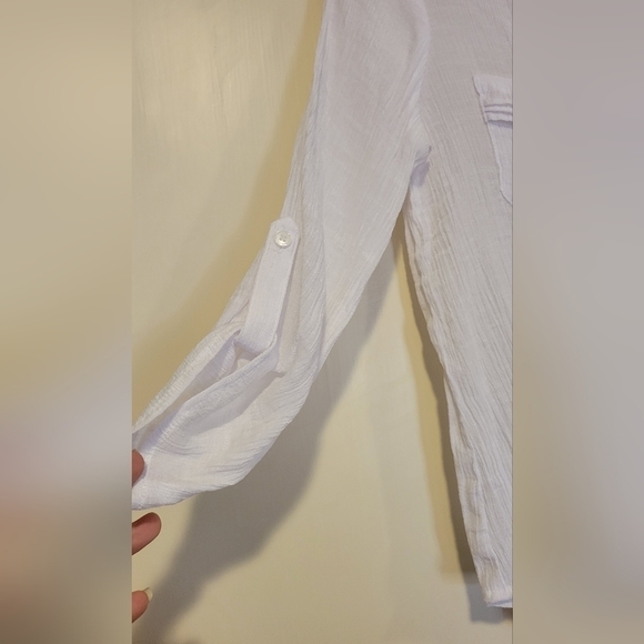 AB studio white peek a boo, see thru 3/4 pinned up sleeve button up shirt Sz L - Picture 3 of 4